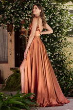Load image into Gallery viewer, NOVA Wrap Spaghetti Straps Bridesmaids Maxi Dress with Side Split - Rust/Burnt Orange
