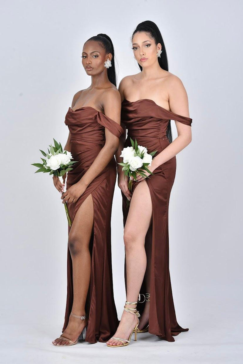 AVERY Satin Off Shoulder Cowl Neck Bridesmaids Maxi Dress with Side Split -  – DOYIN LONDON