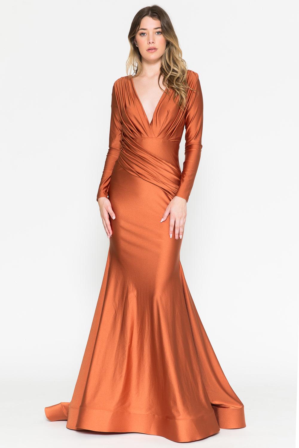 CASSIE V-Neck Longsleeve Ruched Pleated Waist Bridesmaid Dress with Train - Rust CASSIE V-Neck Longsleeve Ruched Pleated Waist Bridesmaid Dress with Train - Rust
