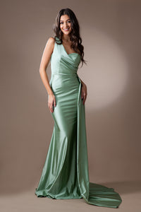 AURORA One Shoulder Bridesmaids Maxi Dress with Side Train - Sage Green