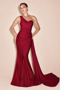 AURORA One Shoulder Maxi Evening Dress with Side Train - Burgundy