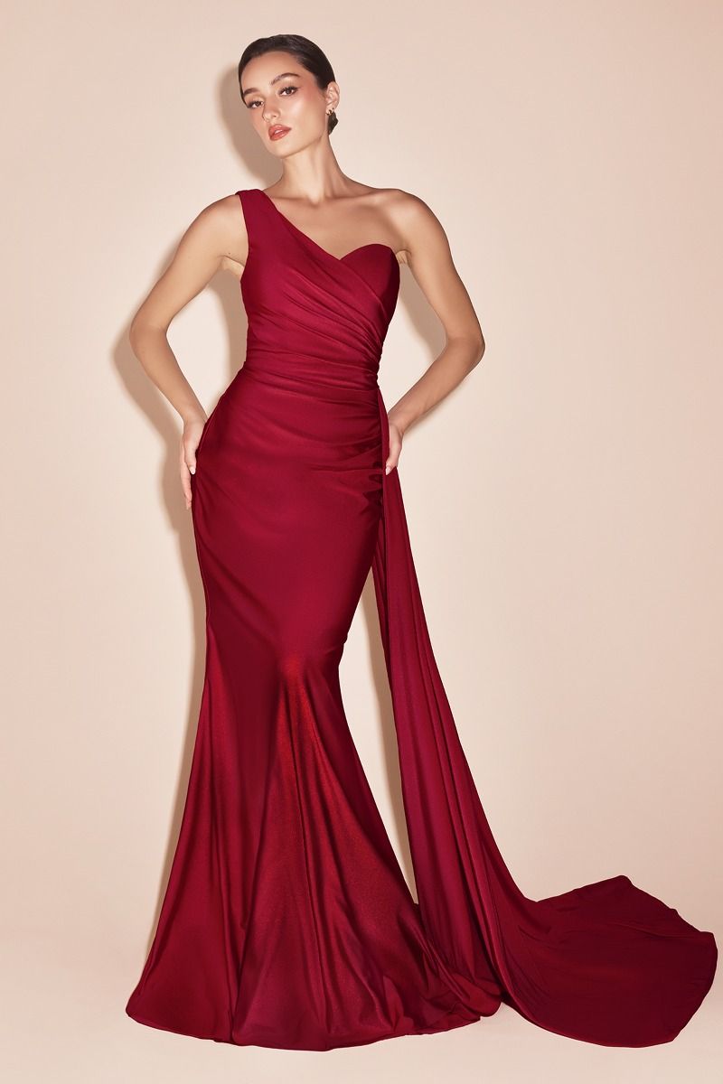 AURORA One Shoulder Maxi Evening Dress with Side Train - Burgundy