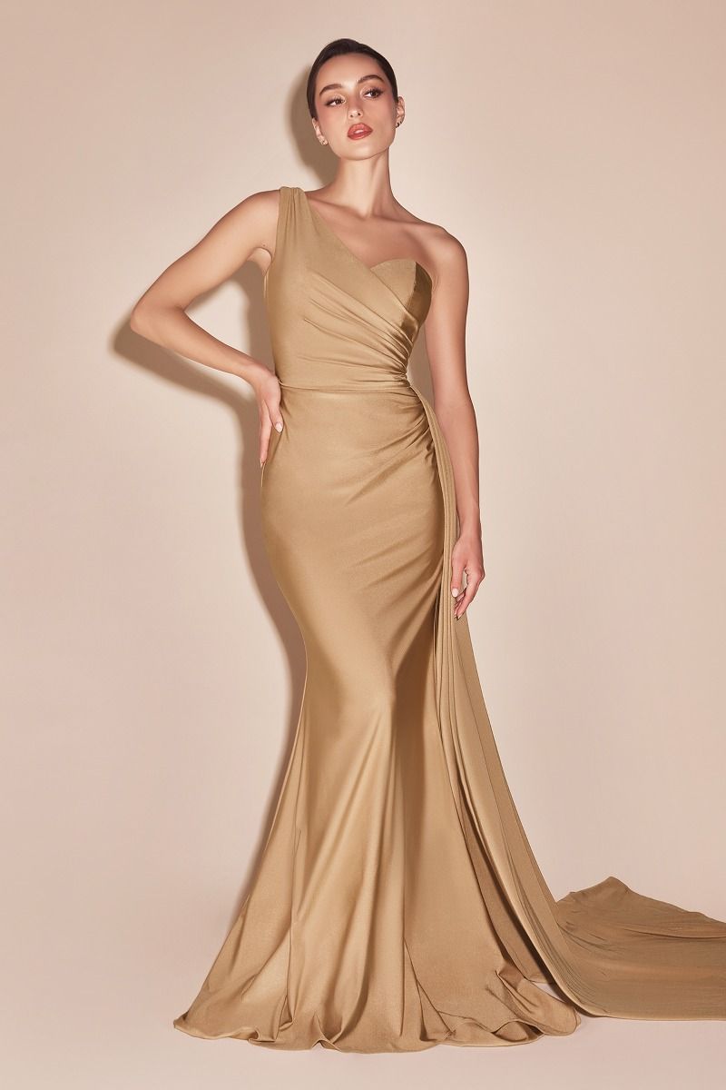 AURORA One Shoulder Formal Maxi Evening Dress with Side Train - Nude Gold