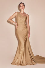 Load image into Gallery viewer, AURORA One Shoulder Formal Maxi Evening Dress with Side Train - Nude Gold
