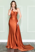 AURORA One Shoulder Maxi Evening Dress with Side Train - Rust / Burnt Orange