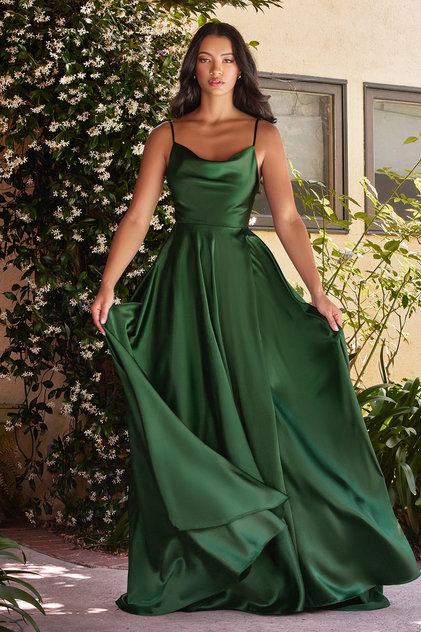 Cowl Neck Green Satin A-Line Formal Dress with Slit – FancyVestido