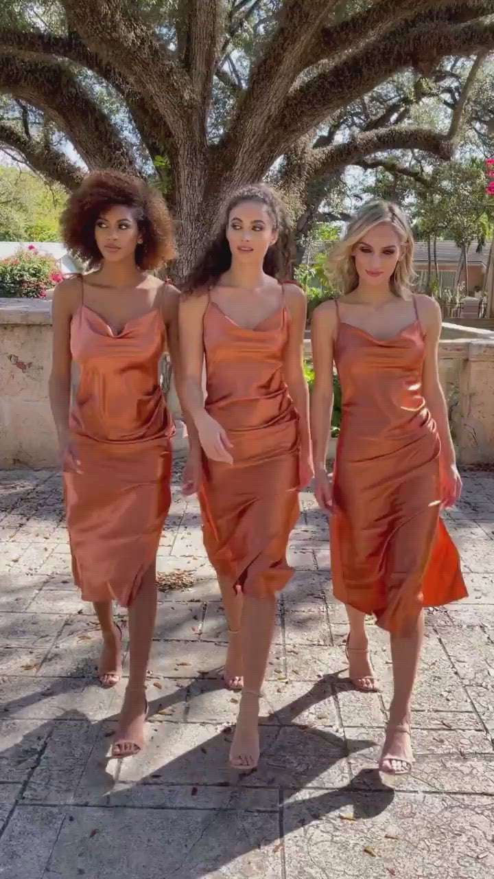 MARIA Satin Cowl Neck SLIP Dress with Ruched Waist and Side Split - Rust/Burnt Orange