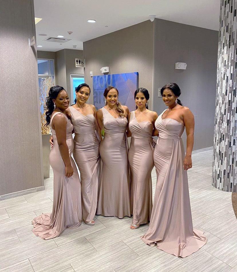 AURORA One Shoulder Bridesmaids Maxi Dress with Side Train Rose Pink