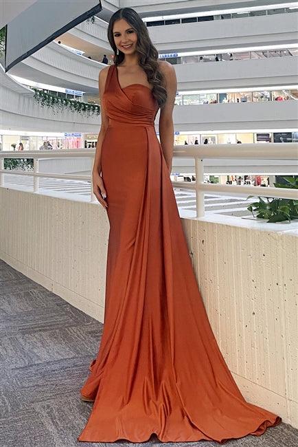 One-Shoulder Satin Fitted Green Burnt Orange Evening Dress AC387BO –  Sparkly Gowns