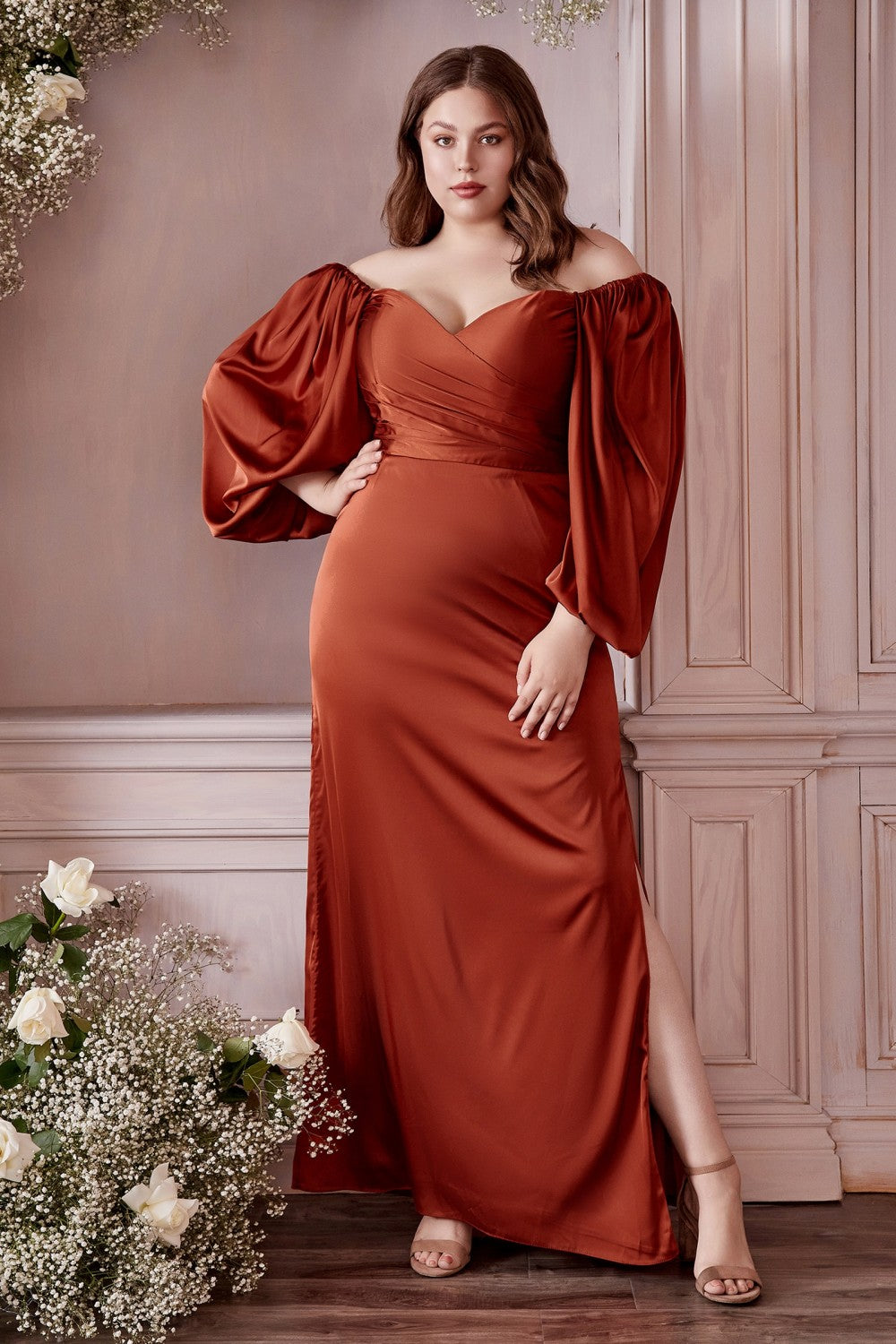MADISON Satin Longsleeve Bridesmaids Maxi Dress with Side Split - Rust / Burnt Orange - DOYIN LONDON
