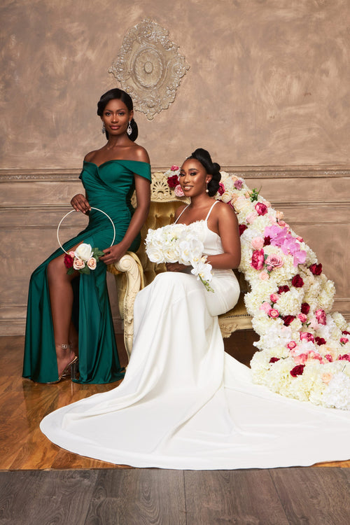 PROMISE Off Shoulder Ruched Waist Bridesmaids Maxi Dress with Side Split - DOYIN LONDON PROMISE Off Shoulder Ruched Waist Bridesmaids Maxi Dress with Side Split - DOYIN LONDON