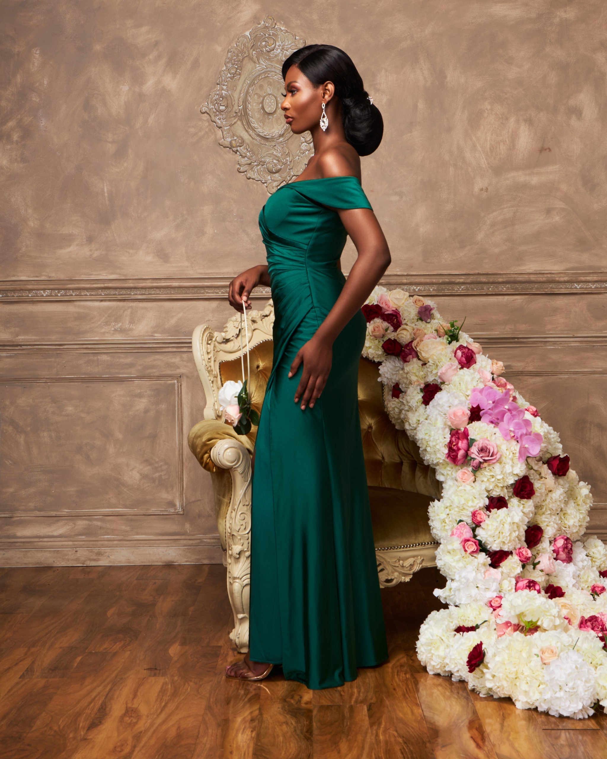 Off the Shoulder Evening Bridesmaid Dress with Side Slits and Ruched Waist 16