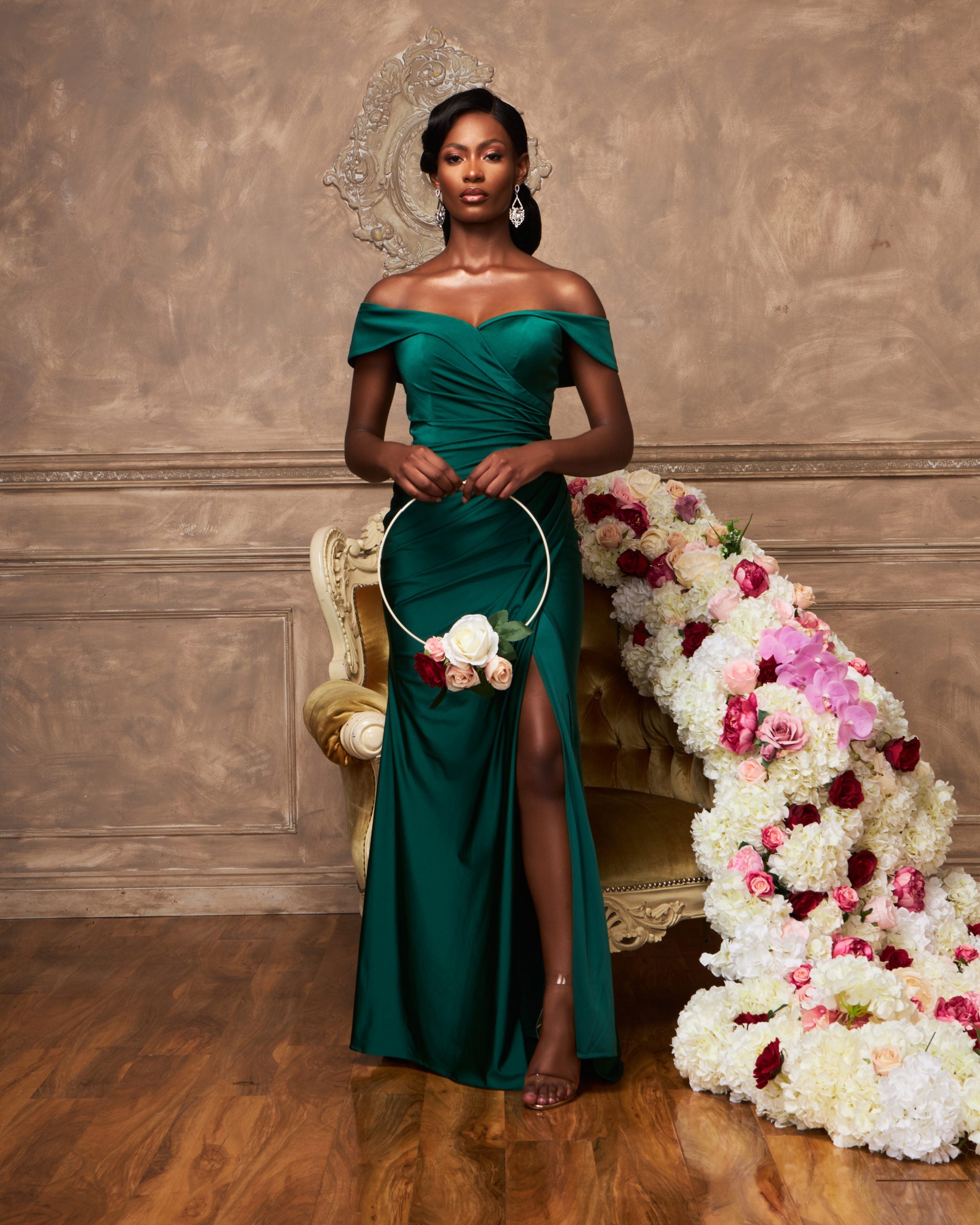 PROMISE Off Shoulder Ruched Waist Bridesmaids Maxi Dress with Side Split - DOYIN LONDON PROMISE Off Shoulder Ruched Waist Bridesmaids Maxi Dress with Side Split - DOYIN LONDON