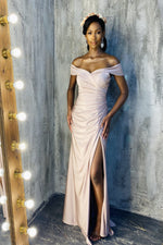 Load image into Gallery viewer, Off the Shoulder Evening Bridesmaid Dress with Side Slits and Ruched Waist 9

