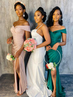 Load image into Gallery viewer, Off the Shoulder Evening Bridesmaid Dress with Side Slits and Ruched Waist 8
