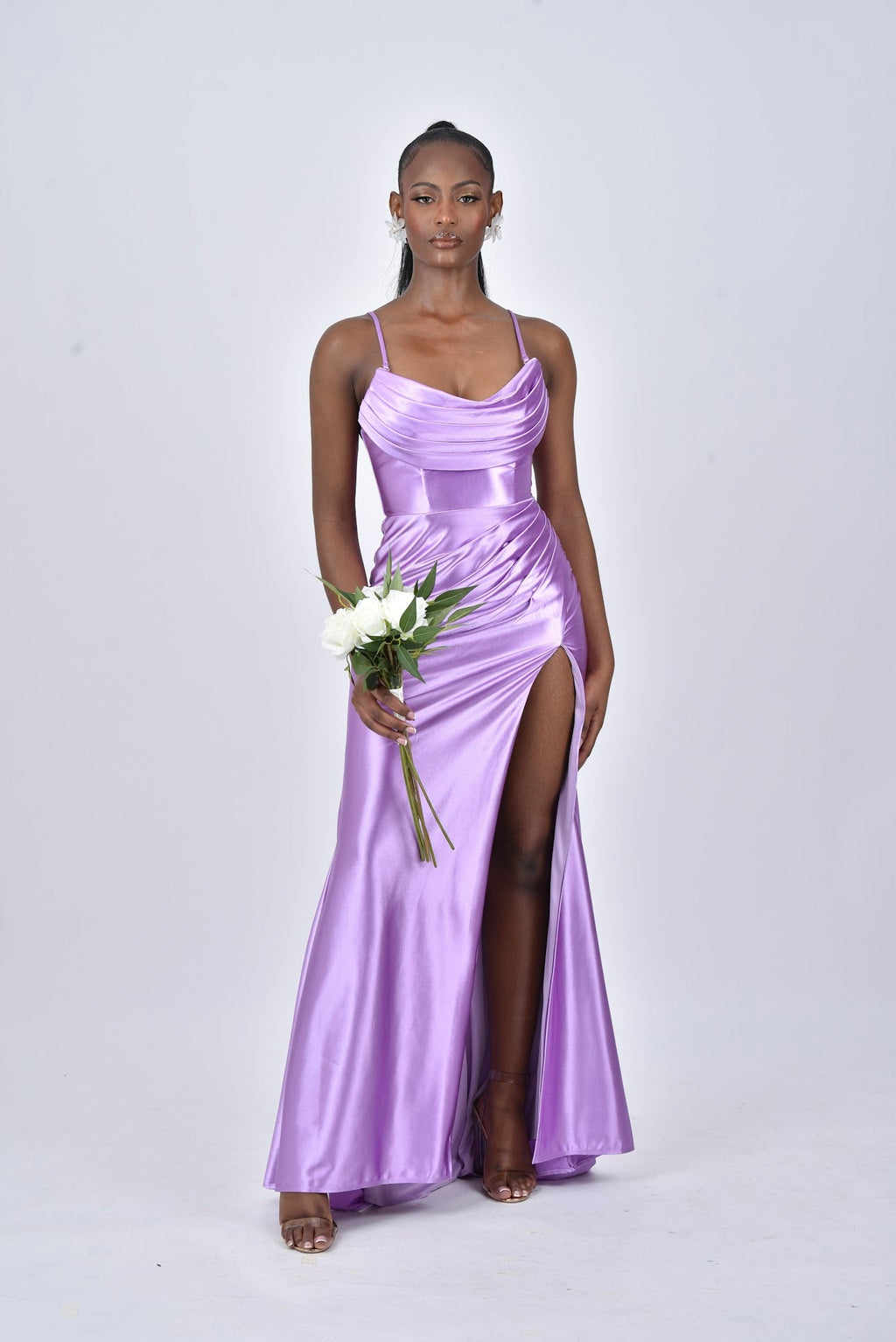 AVERY Satin Off Shoulder Cowl Neck Bridesmaids Maxi Dress with Side Split - DOYIN LONDON AVERY Satin Off Shoulder Cowl Neck Bridesmaids Maxi Dress with Side Split - DOYIN LONDON