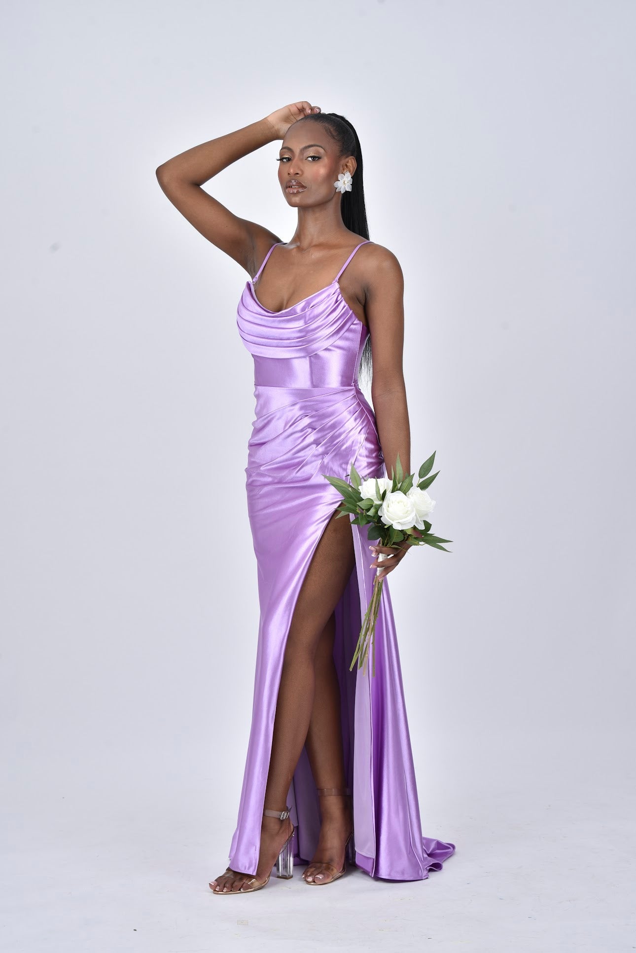 Light Purple Satin Sleeveless Plunge V Neck Backless High Slit Maxi Dress  NWT | eBay